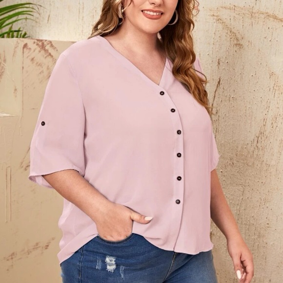 Roll tab mid length sleeves button up v neck boho blouse baby blue - Picture 5 of 14